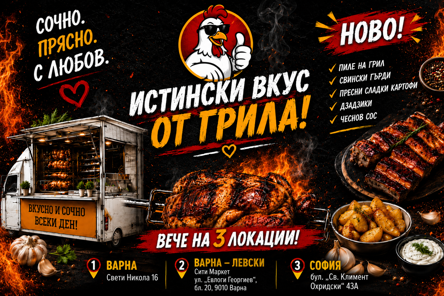 Вкусно и сочно — банер с филиалите и апетитно пиле на грил
